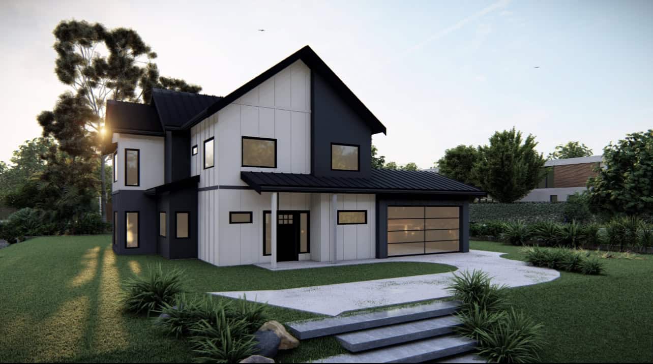 Modern two-story custom home with dark roof and white siding, Victoria BC design.