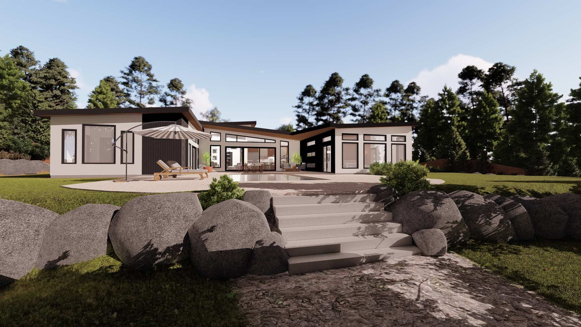 White Wolf Homes: modern single-family home design in Victoria BC with stone steps and landscaped sl.
