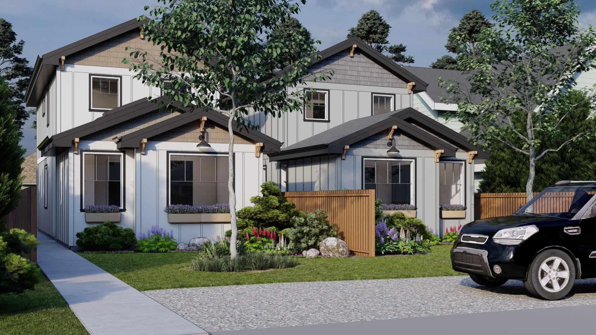New home exterior by White Wolf Homes in Victoria BC with modern design and landscaping.