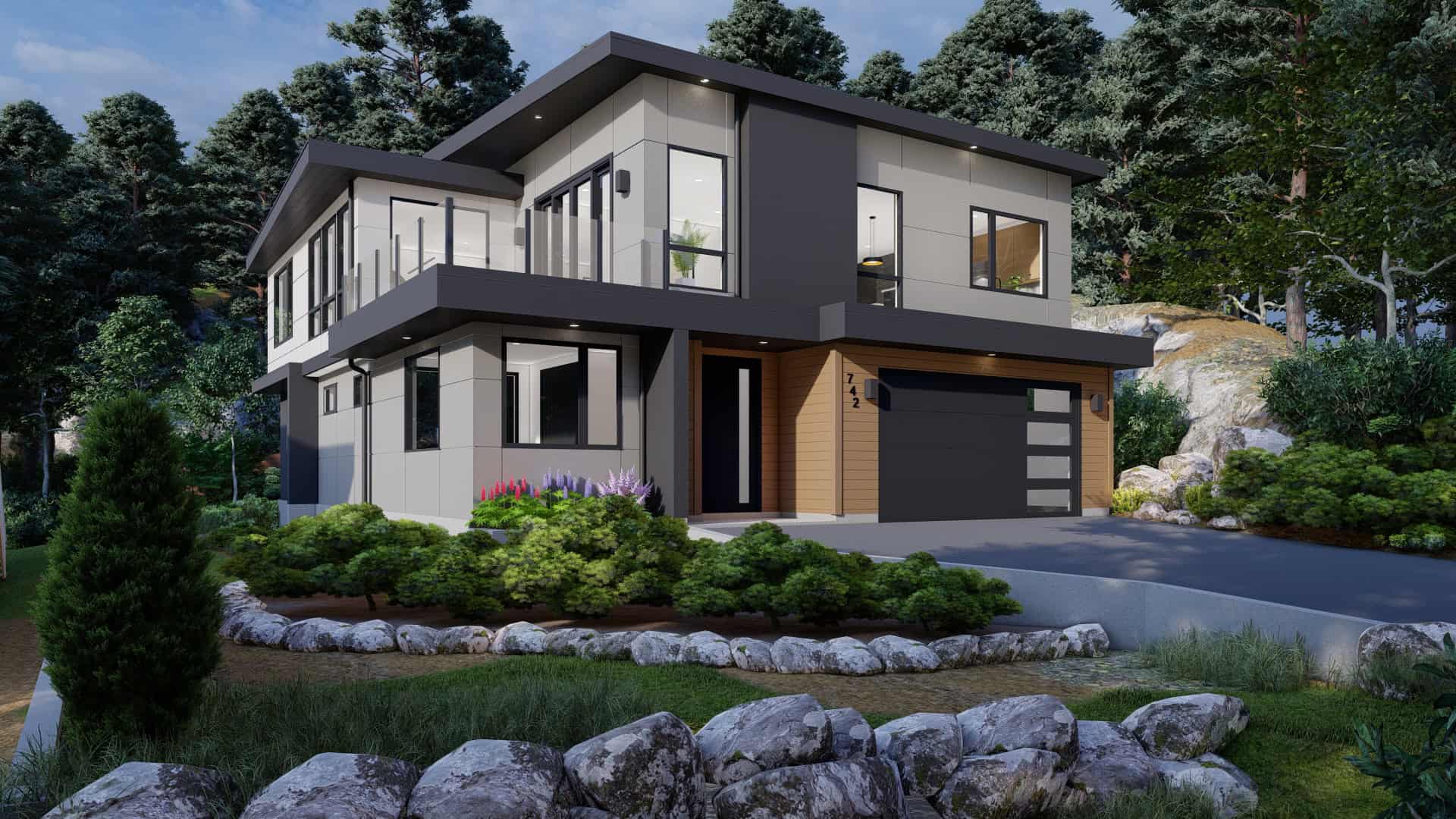Modern two-story house with stone landscaping and timber accents in Victoria BC.
