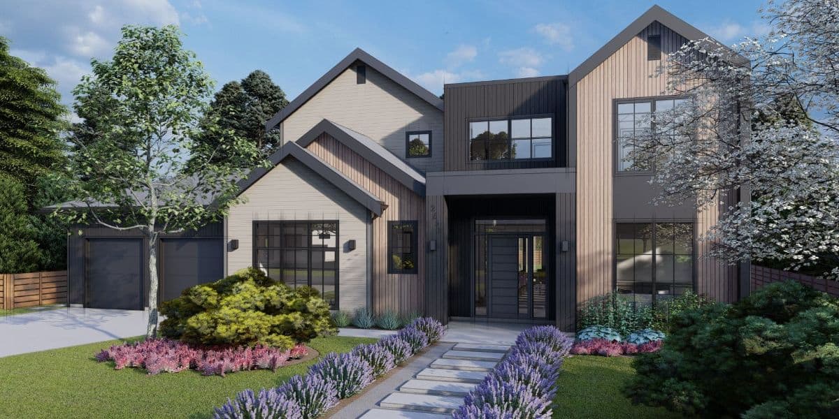 Contemporary Victoria BC custom home by White Wolf Homes with front entry and landscaped yard.