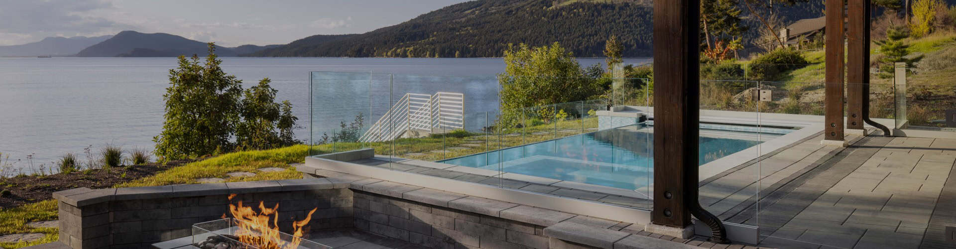 Victoria BC custom home pool with views, outdoor living space by White Wolf Homes.