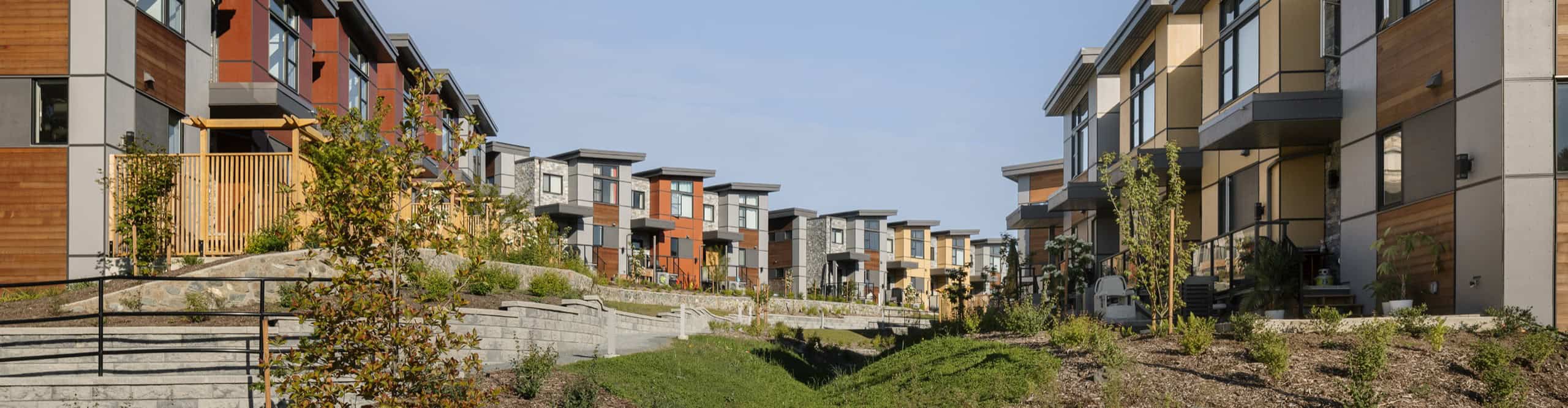 Panoramic view of modern Victoria BC townhomes by White Wolf Homes.