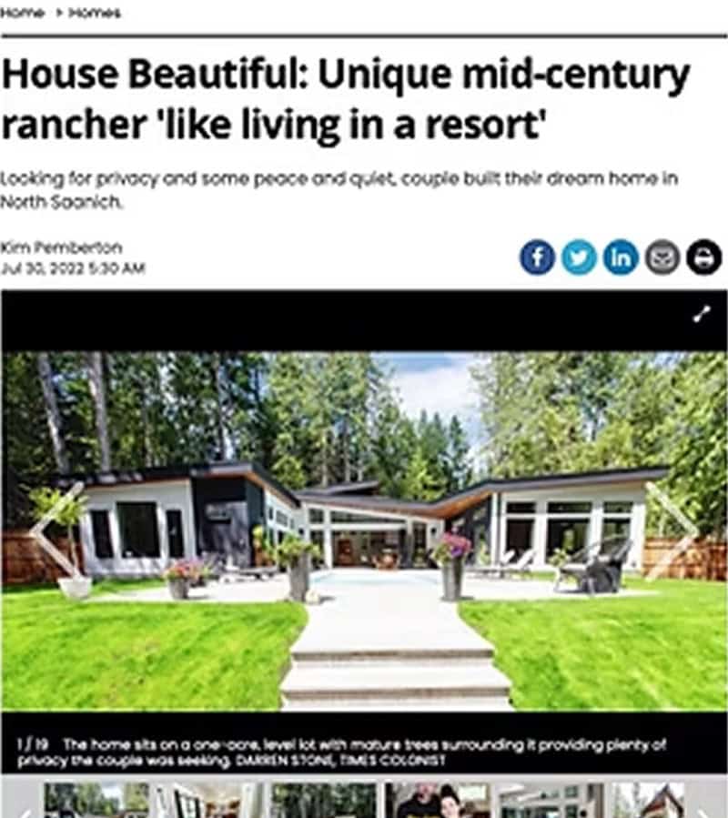 Custom mid-century ranch home with modern lines and lush lawn in Victoria BC by White Wolf Homes.