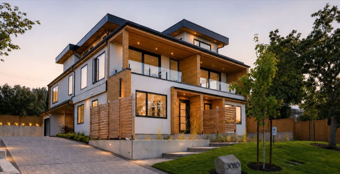 Modern custom home by White Wolf Homes in Victoria BC with clean lines and large windows.