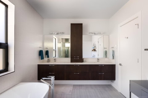 Modern double vanity bathroom in Haven project by White Wolf Homes, Victoria BC.