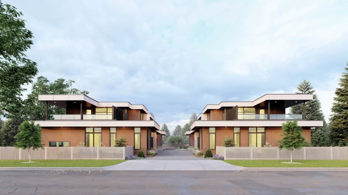 Modern twin-row homes with wooden siding and glass accents in Victoria BC area.