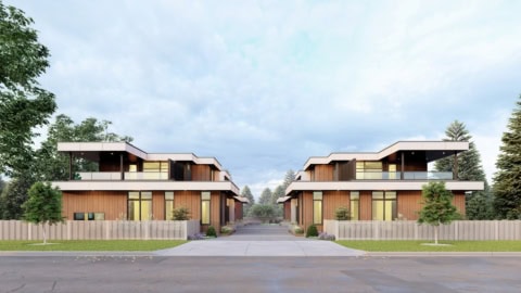 Modern twin-row homes with wooden siding and glass accents in Victoria BC area.