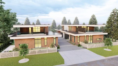 White Wolf Homes modern duplex design in Victoria BC with landscaped frontage.
