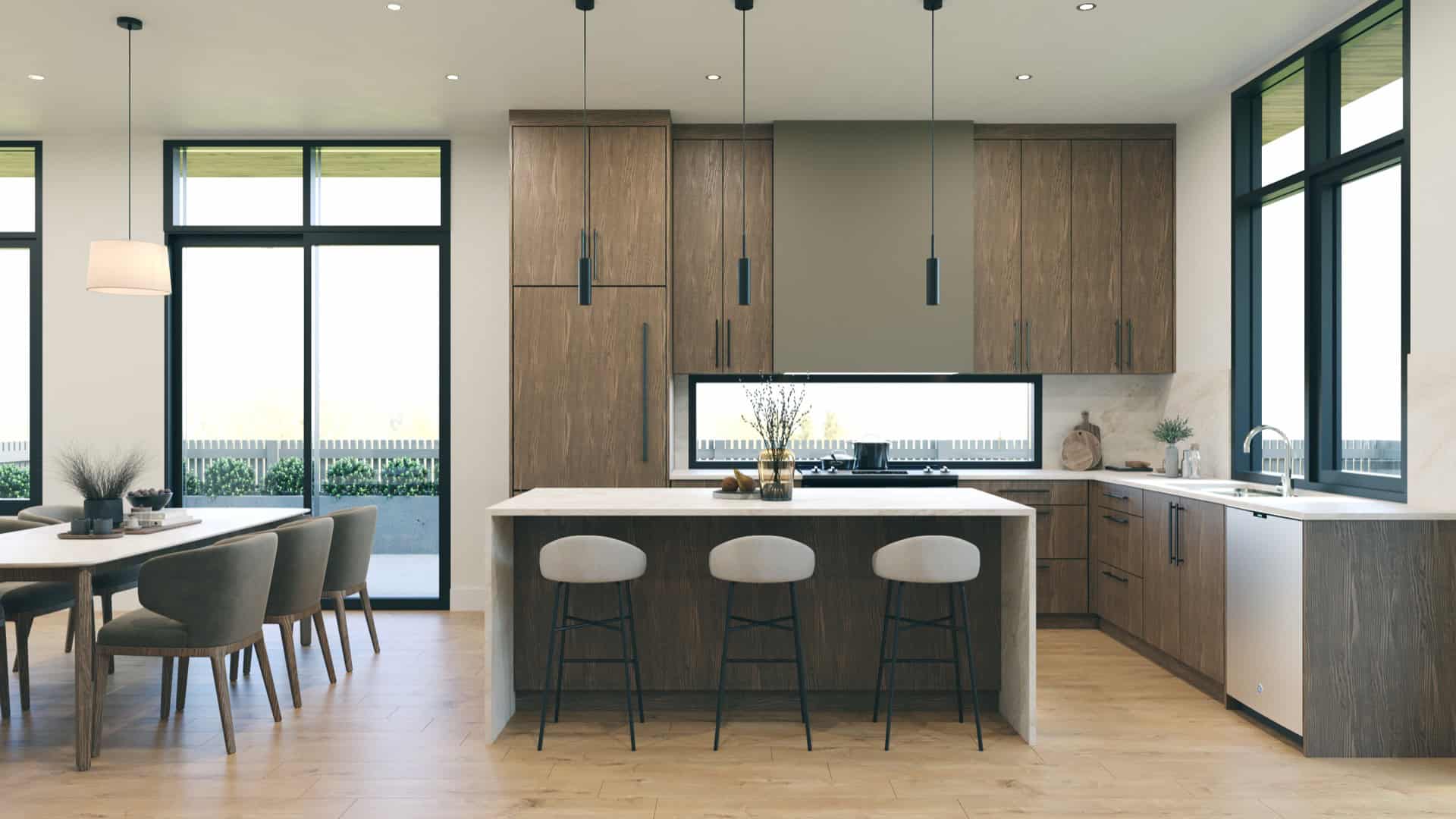 Modern kitchen with wooden cabinetry, island, and dining area in bright open space.