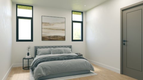 Modern bedroom with gray bed, nightstands, and neutral decor in Victoria BC home.