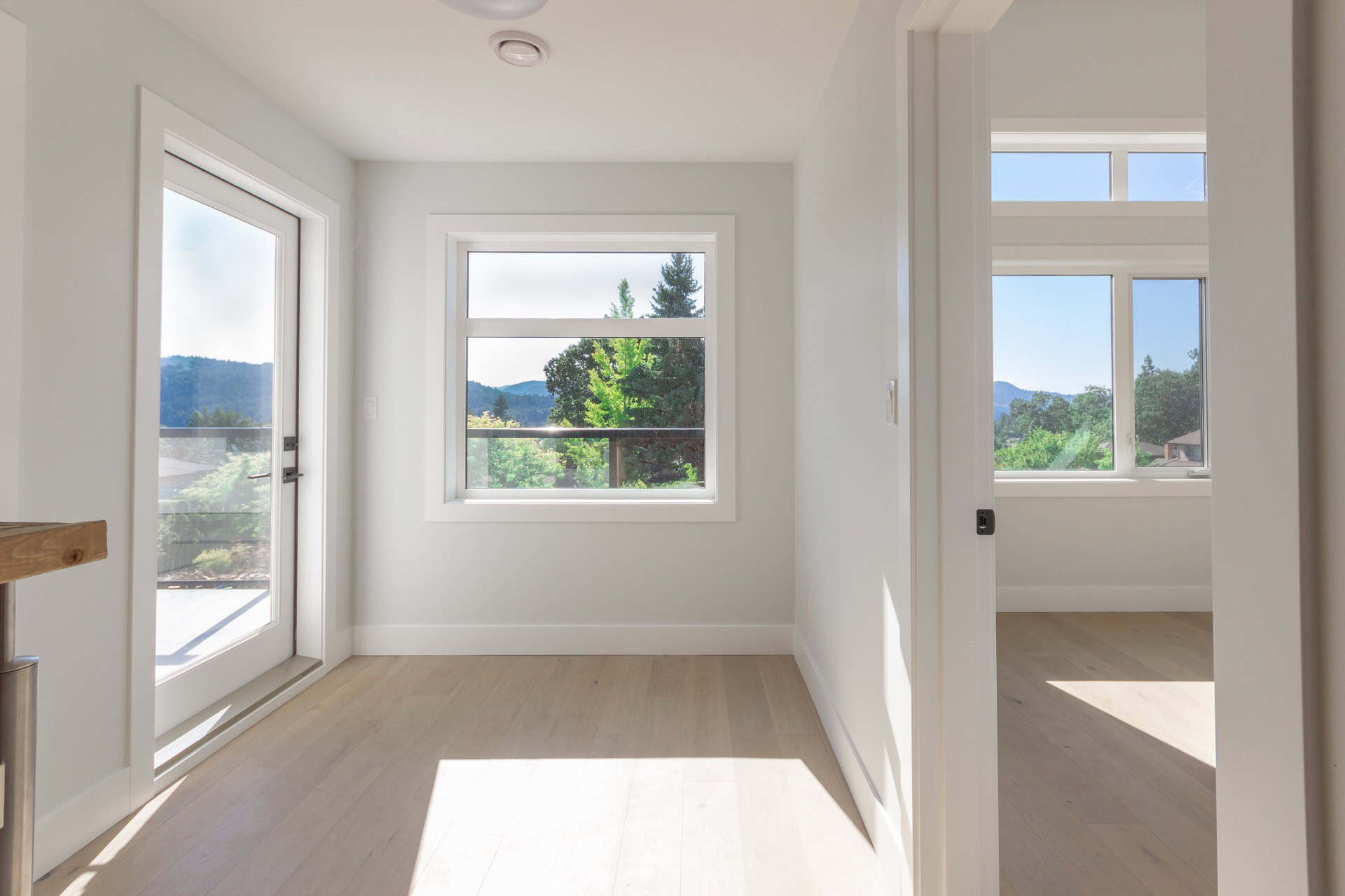 Bright empty room with large windows and natural light, modern interior in White Wolf Homes project.